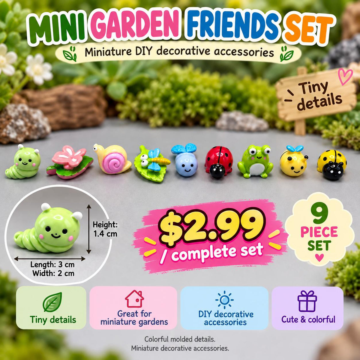 FANJUN-AMTECH 9-Piece 3D Shapes Miniature Garden Companion Figurine Set, Home Decor Statue for Indoor Outdoor Small Garden Accents
