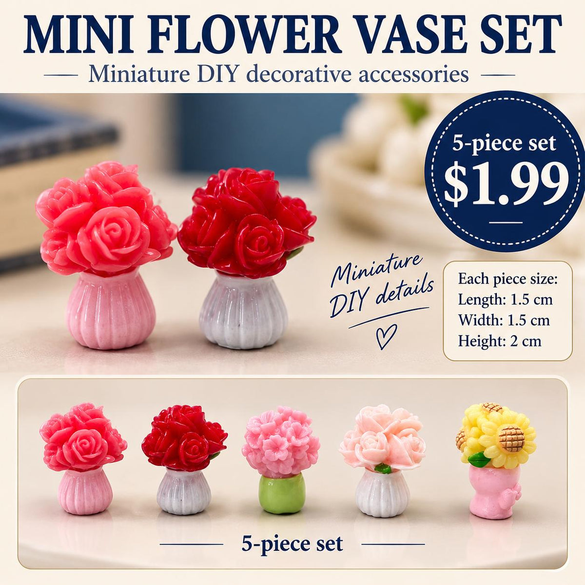 FANJUN-AMTECH 5-Piece 3D Shapes Miniature Vase and Flower Models Set - Home Decor Statues & Figurines for Home Supplies