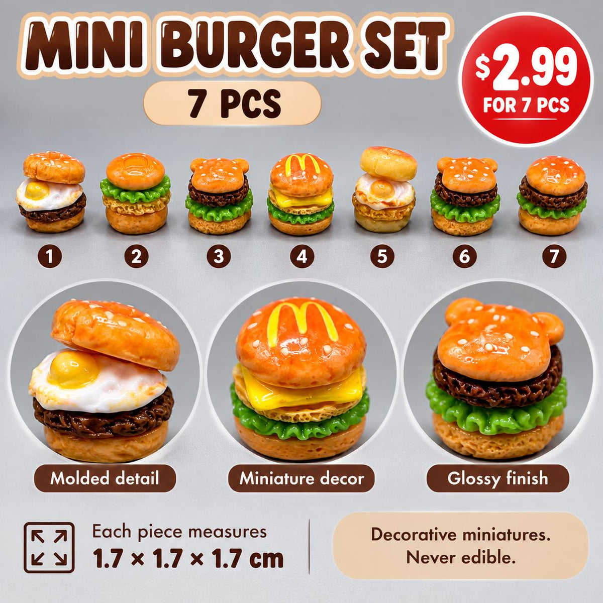 FANJUN-AMTECH Miniature Hamburger Models Set - 7 Pieces