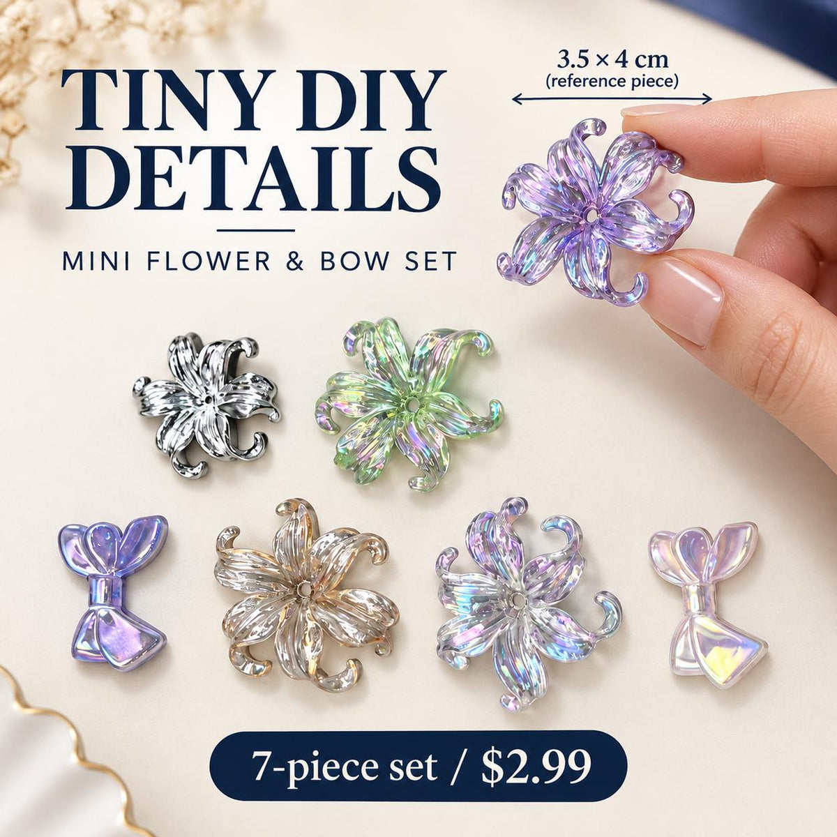 FANJUN-AMTECH Miniature Flowers and Bows Decorative Accessories Set - 7 Pieces