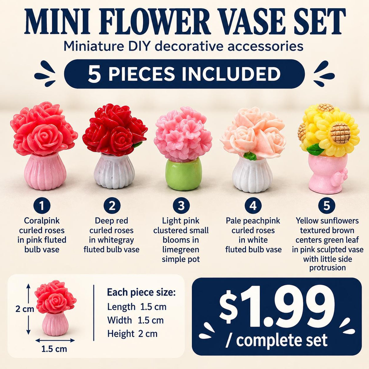 FANJUN-AMTECH 5-Piece 3D Shapes Miniature Vase and Flower Models Set - Home Decor Statues & Figurines for Home Supplies