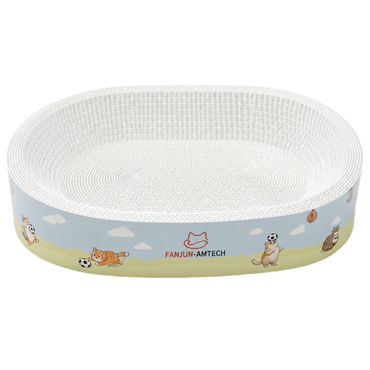 FANJUN-AMTECH white oval corrugated cat scratcher with illustrated outer wrap